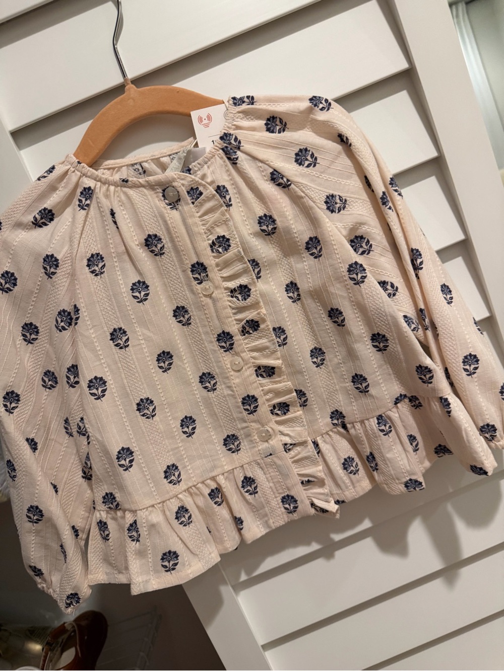 Zara Cream Blouse with Navy Floral Print and Ruffle Hem